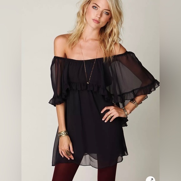 Free People Solid Goth Babydoll Black Ruffle Sheer Woven Dress size xs - Picture 1 of 14